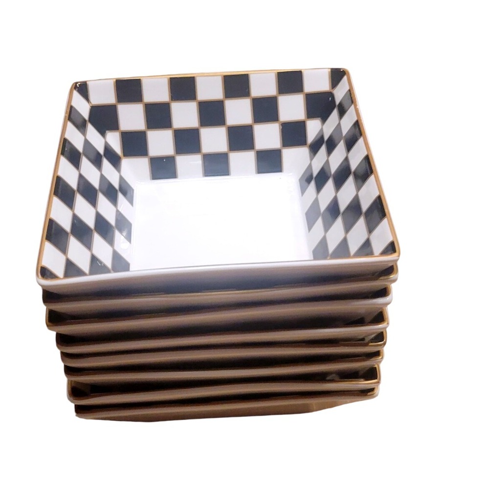 Set of 4 Square Appetizer‎ Dessert Bowls Black White Checkerboard Gold Rimmed